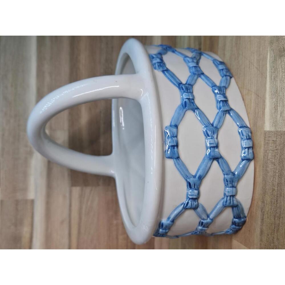 Vintage Italian Ceramic Lattice Basket Blue Woven Pottery 7" Tall Spring/Easter - Picture 4 of 15